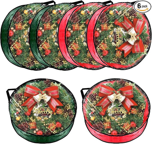 6 Pcs Christmas Wreath Storage Bag, 24" Dia Round Wreath Storage Container with Clear Window, Tear Resistant Wreath Boxes for Christmas Holiday Seasonal Storage (Red×3 ＆ Green×3)