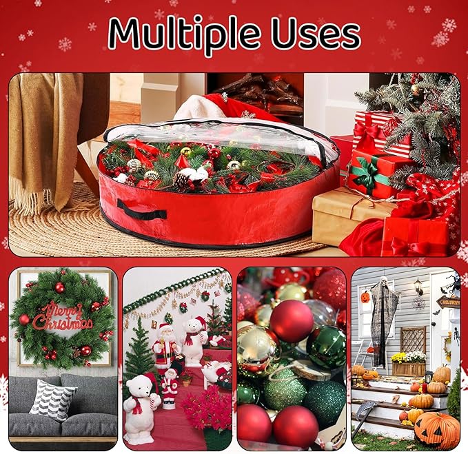 Pwsap 2 Pack Christmas Wreath Storage Container - 30 Inch, Garland Storage, Christmas Large Wreath Storage Container Cover, Durable Tarp Material, Dual Zipper Storage Bag for Xmas Holiday, Red