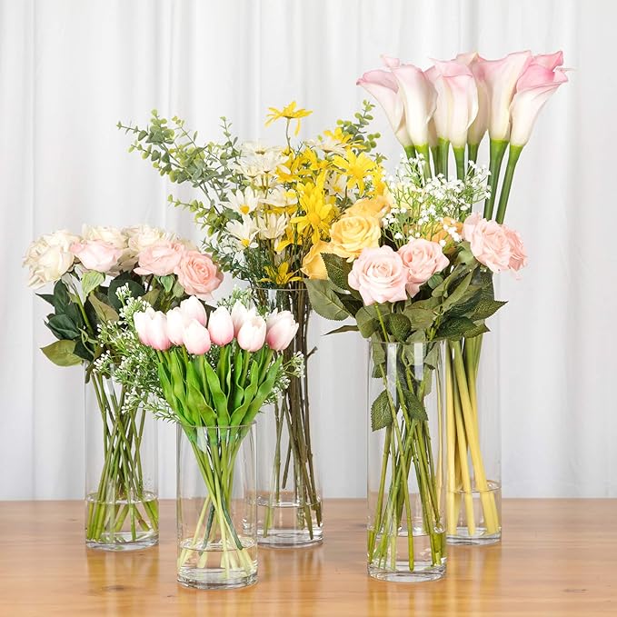 WGVI Quality Thick Weighted Clear Cylinder Glass Vases, 4" W x 10" H, Flower Arrangement Floating Candle Holders Wedding Centerpieces Terrarium Planter Floral Pen Brush Storage Container, 1 Piece