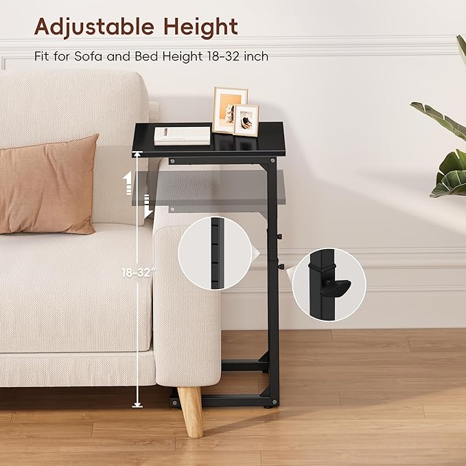 Vagusicc C Shaped End Table, 33" Tall Side Table for Couch, Small C-Table End Table Adjustable Height Couch Side Table, Couch Table Slide Under Sofa Table TV Tray Table for Living Room,Bedroom,Black