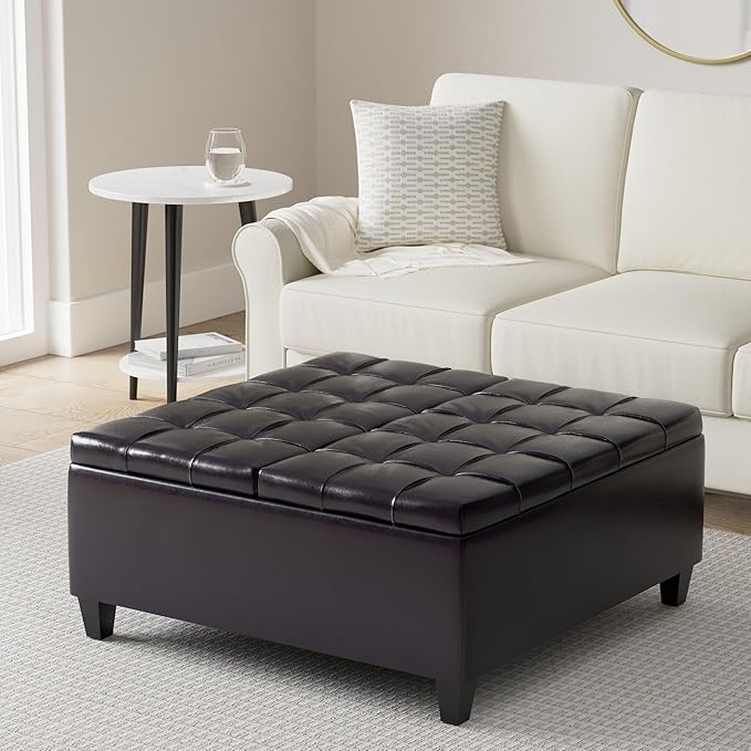 SIMPLIHOME Harrison Coffee Table Storage Ottoman - 36 inch Wide Upholstered Vegan Leather Square Lift-Top Ottoman in Tanners Brown, Transitional Ottoman for Living Room with Hidden Storage