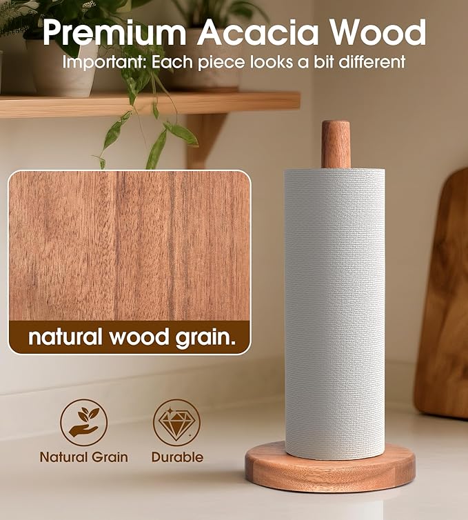 Acacia Wood Paper Towel Holder Stand – Wooden Kitchen Paper Towel Holder Countertop, PTHA, Freestanding Roll Holder for Kitchen & Bathroom & Farmhouse, Large