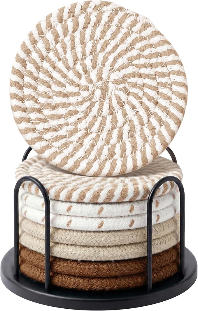 Lazebox Coasters Set of 8 for Drinks, Beer, Coffee, Cotton Woven 4 Colors Absorbent Coaster with Holder, Boho Coasters for Home Decor Tabletop Protection Suitable for Kinds of Cups, Coffee