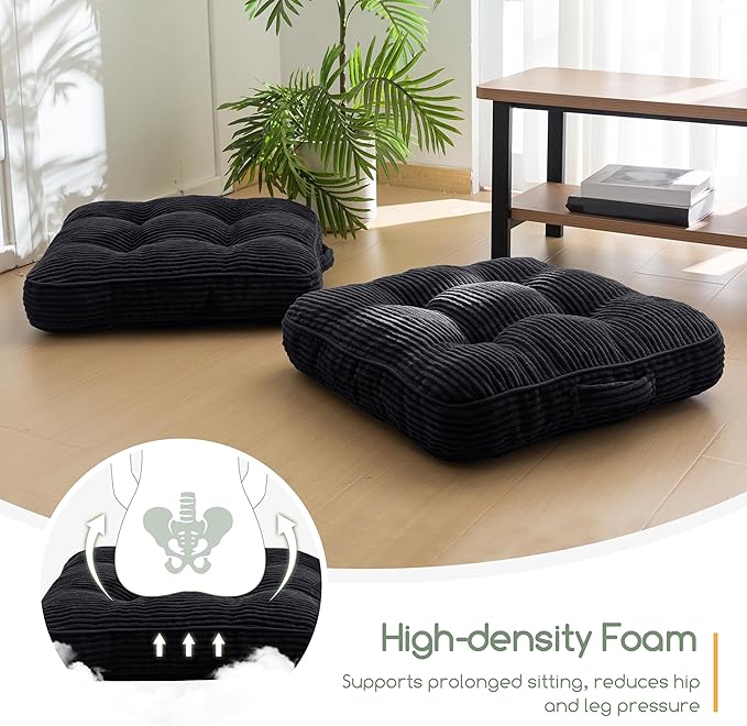 HIGOGOGO Floor Pillow Cushion for Adults, Meditation Cushion Pillow, Large Square Floor Sitting, Tufted Corduroy Cover, for Tatami Living Room or Yoga, 22x22 Inch, 2Pack, Black