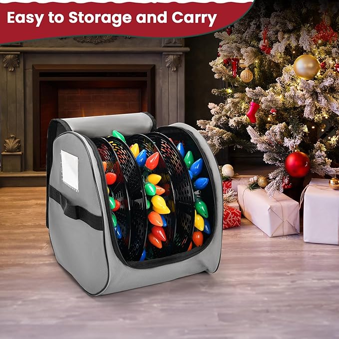 Keten Christmas Light Storage Bag, 600D Oxford Fabric Christmas Light Organizer with Reinforced Handles, 3 Reels Included to Hold 375ft Mini Christmas, Tree Lights & Extension Cords-Grey