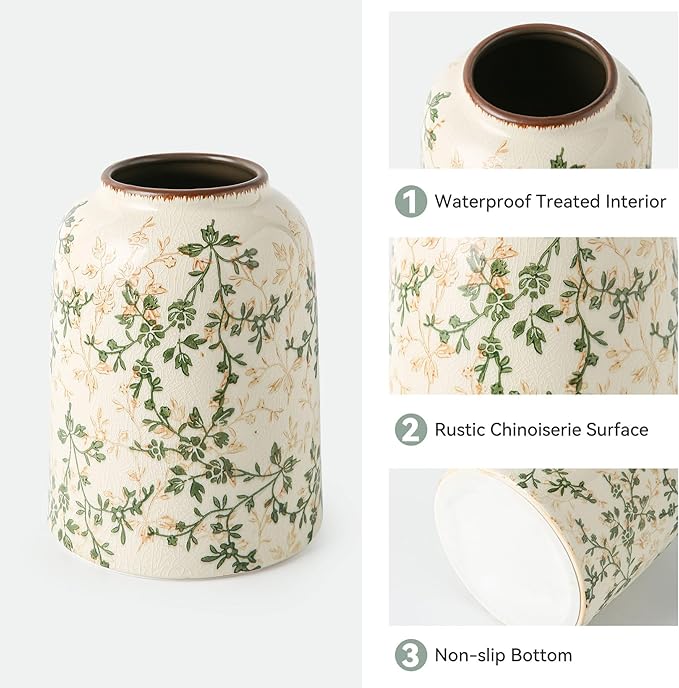 for Mom from Daughter or Son, Vintage Green Chinoiserie Ceramic Vase 7.8”, Ice Crack Floral Retro Decorative Vase for Living Room, Bookshelf, Office, Grandmillennial Decor