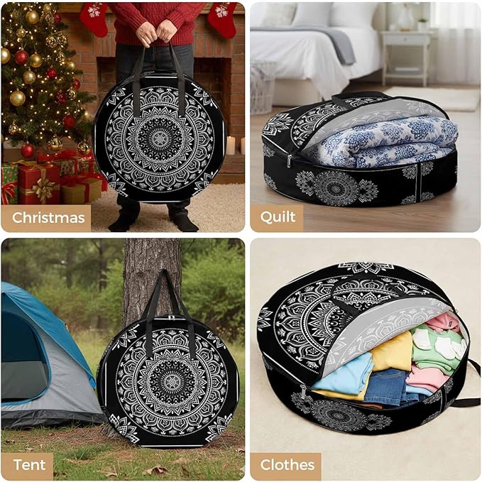 Storage Bag Black Boho Round Storage Totes Bins Closet Organizers with Zippers & Handle Gorgeous Bohemian Flower Clothes Storage Container for Bedroom Dorm Space Saving Packing Supplies Moving Bags