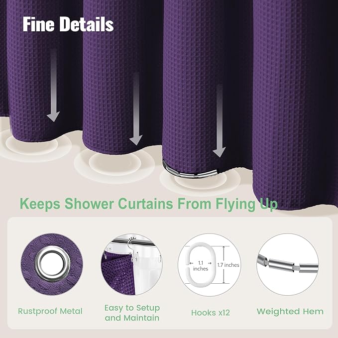 Dynamene Long Shower Curtain and Liner Set - 78 inch Tall Waffle Fabric, Waterproof Clear Liner, Heavy Duty Weighted Hotel Luxury Cloth Shower Curtains for Bathroom with 12 Hooks, 72x78, Purple