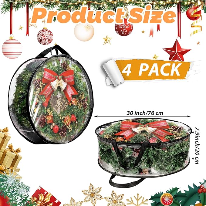 4 PCS Wreath Storage Container - 30x8 Inch Christmas Wreath Storage Bags With Zipper - Clear PVC Wreath Protector for Holiday Garland, Seasonal Decor Organization