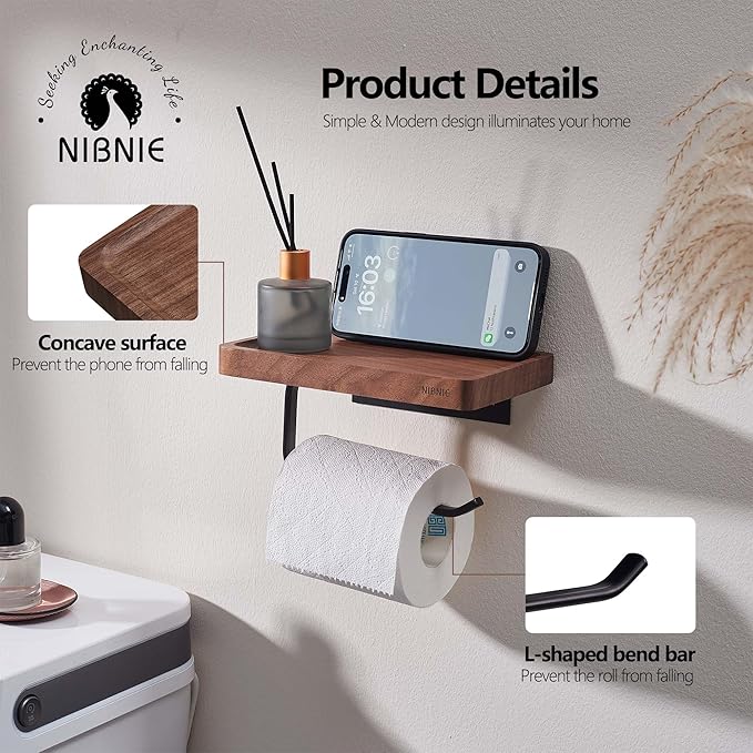 Walnut Wood Toilet Paper Holder with Phone Shelf, Adhesive or Drill Installation Bathroom Washroom Wall Mount Wooden Toilet Tissue Roll Holder with Shelf for Hold Wipes, Cell Phone (Concave)