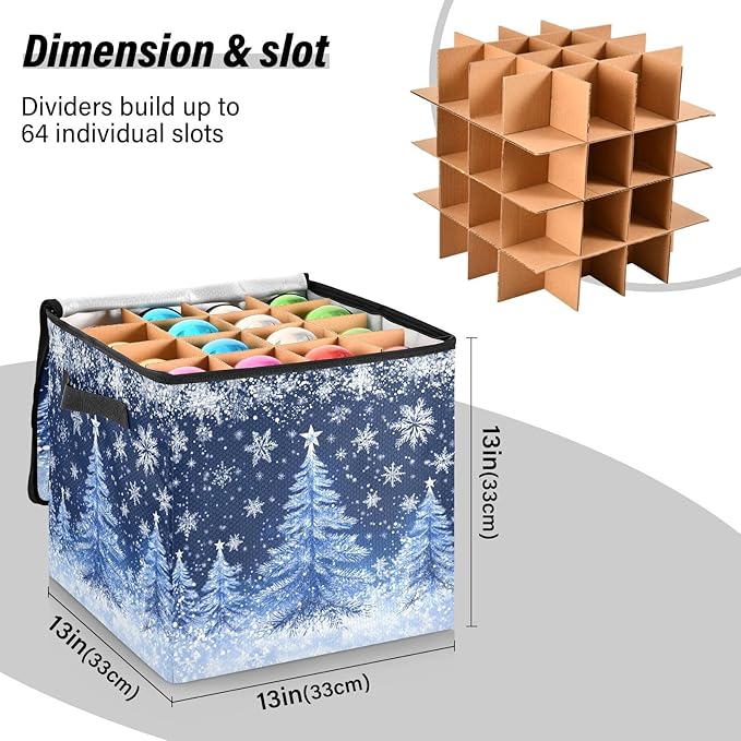 White Blue Snowflake Christmas Ornament Storage Basket Box Xmas Tree Winter Holiday Storage Container Cube with Adjustable Dividers for 64 Holiday Ornaments or Decorations Keeps Clean and Dry
