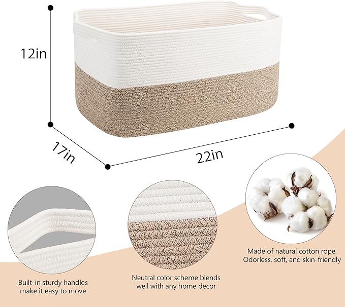 MEGASKET Extra Large Blanket Basket, 22" x 17" x 12" Rectangle Blanket Storage for Living Room, Soft Kids Dog Toy Basket Bin, Cotton Rope Baskets for Storage, Woven Throw Pillow Organizer Holder