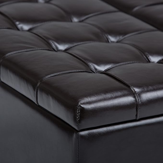 SIMPLIHOME Harrison Coffee Table Storage Ottoman - 36 inch Wide Upholstered Vegan Leather Square Lift-Top Ottoman in Tanners Brown, Transitional Ottoman for Living Room with Hidden Storage