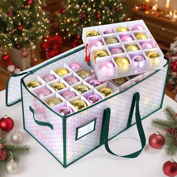 Portable Waterproof Christmas Ornament Storage Box, Large Capacity 128 Slots for 3-Inch Ornaments, Double-Sided Trays with Durable Zippers