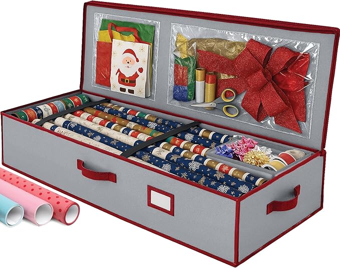 Christmas Wrapping Paper Organizer Storage, with Straps & Pockets, Gift Wrap Organizer Bag for Christmas Decorations, Fits Upto 24 Rolls, Underbed Storage for Holiday Decoration, (Gray)