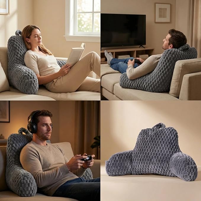 Faux Fur Reading Pillow for Bed Adults, Ultra Soft Plush Floor Backrest Pillow with Side Pockets for Bed & Couch, Perfect for Reading, Watching TV, Gaming, Relaxing, Gray