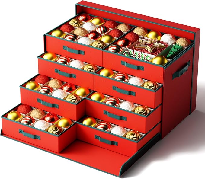 Christmas Ornament Storage Box-Hold 128 Ornaments, Xmas Ornament Organizer Storage box with Lid and Adjustable Dividers, Extra Large Holiday decorations Storage Container with Individual Trays, Red