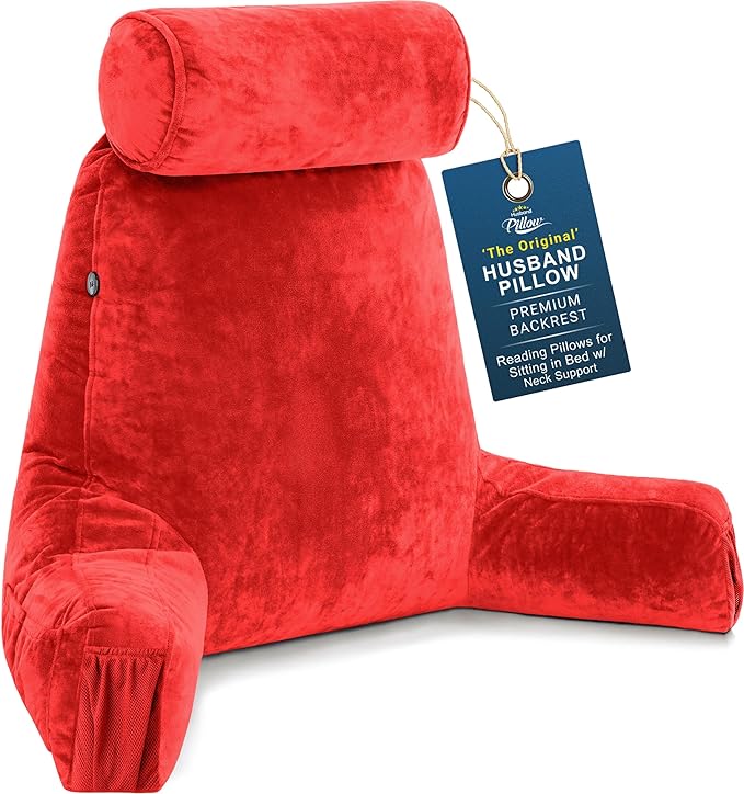 Husband Pillow Medium Reading Pillow with Arms - 23" Backrest for Sitting Up in Bed - Firm Support Bed Rest Pillow for Adults, Neck Roll, Removable Cover - TV, Reading, Lounging - Red