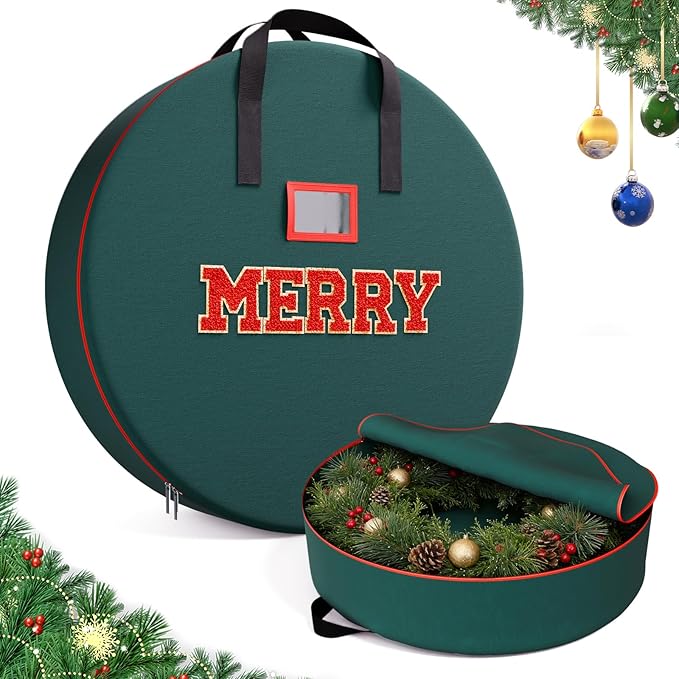 Christmas Wreath Storage Container 30 Inch With MERRY Chenille Letters, Wreath Bag Box Garland Ornament Storage With Waterproof Fabric Dual Zippered And Handles