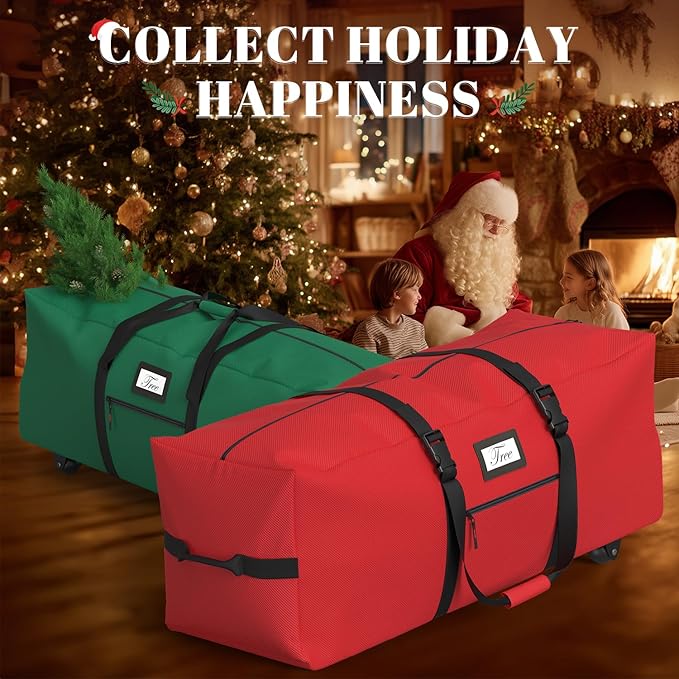 Christmas Tree Storage Bag with Rolling Wheels, Fits for 9ft Xmas Artificials, Large Xmas Storage Container with Reinforced Carry Handles and Fixed Buckle, 600D Oxford Cloth, Dual Zippers