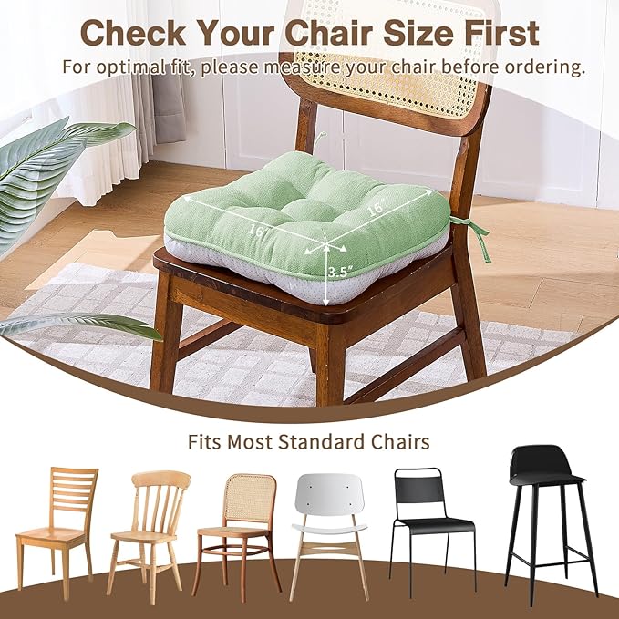 BETU Chair Cushions for Dining Chairs Set of 2,3.5" Thick Kitchen Table Chair Pads with Ties,Non Slip Backing and Covers, Home Decor Seat Cushion for Dining Room,Bar,Patio Chairs16"X16"X3.5"Sage Green
