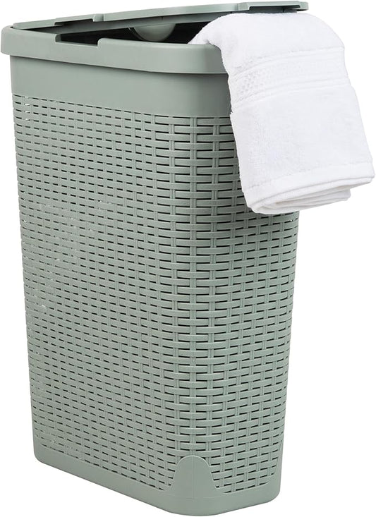 Mind Reader Slim Laundry Hamper with Lid, 40L Clothes Basket, Narrow Tapered Design with Ventilated Cutout Pattern, Plastic, Mint