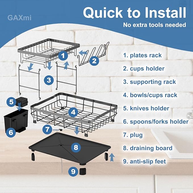 GAXmi Dish Drying Rack Over The Sink Drainer with Drainboard Utensil Holder Cup Holder, 2-Tier Grey