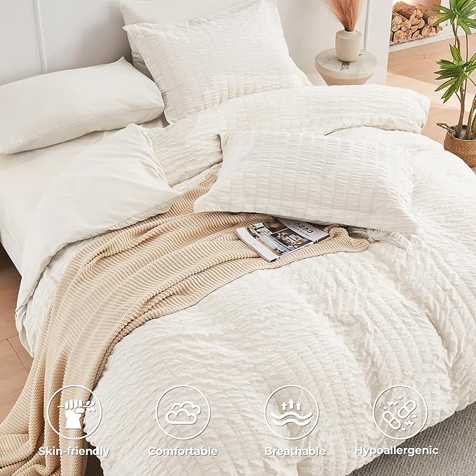HYMOKEGE Ivory Oversized Queen Comforter Set Seersucker 7 Pieces, All Season Luxury Bed in a Bag for Bedroom, Bedding Set with Comforter, Sheets, Pillowcases & Shams