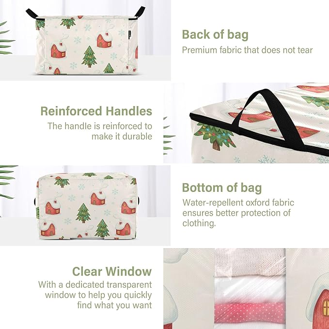 Burbuja 2 Pack Storage Bag Organizer with Handles for Clothes, Blankets, Bedding, Winter House Tree Foldable Storage Bag with Zipper & Clear Window, 95L