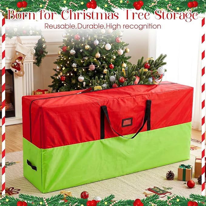 7.5 ft Christmas Tree Storage Bag Heavy Duty 420D Oxford Artificial Christmas Tree Bag with Reinforced Handles Dual Zippers Card Slot Wide Opening Extra Large Storage Container, Green and Red