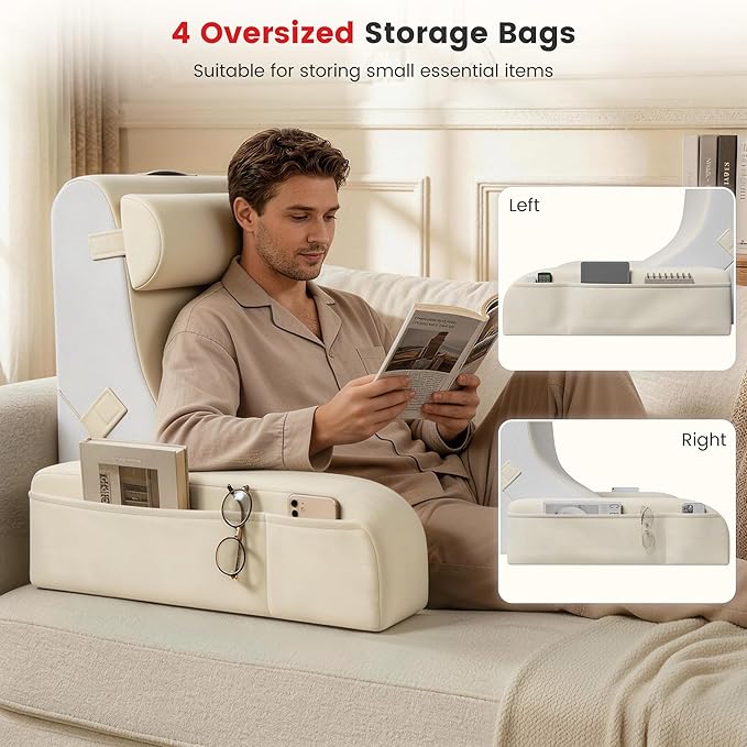 Homkdom Reading Pillow for Sitting in Bed Adult, 22" Back Pillow for Bed Sitting up with Armrests & Storage Pockets, Ergonomic Wedge Pillow for Watching TV, Gaming, Working, Recovery, 5PCS, Beige