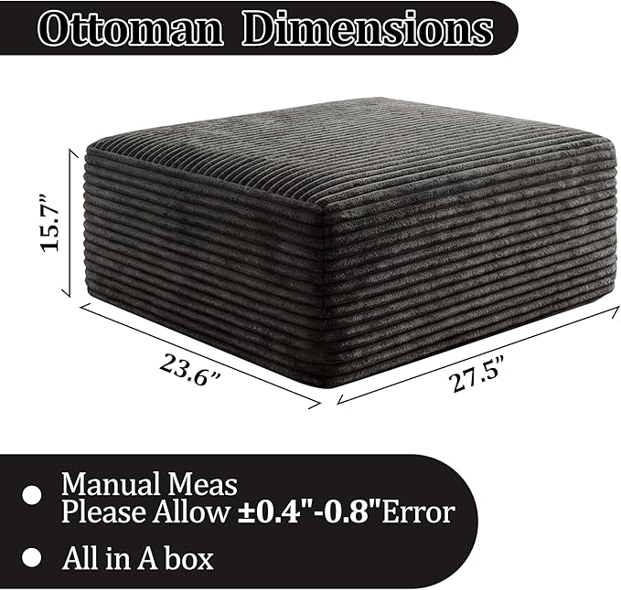 Corduroy Ottoman, Modern Boneless Cloud Foot Rest Foam Support, Oversized Modular Sectional Sofa Stool for Living Room, Bedroom & Small Spaces, No Assembly Required (Drak Gray, Ottoman) | Foam Support, Modular Sectional, No Assembly Required