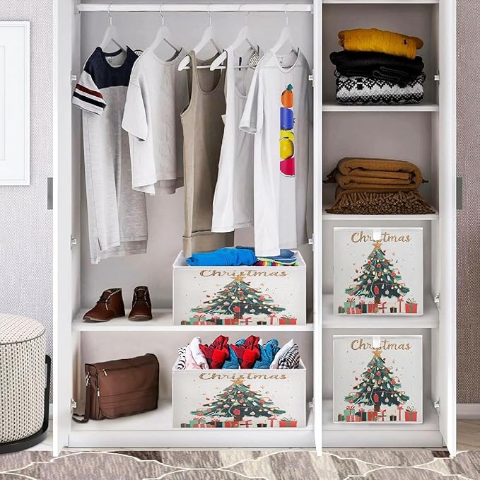 Christmas Tree Fabric Storage Bins Foldable Closet Organizers and Storage Sturdy Storage Boxes for Living Room Bathroom, 15.7x10.6x7 Inch
