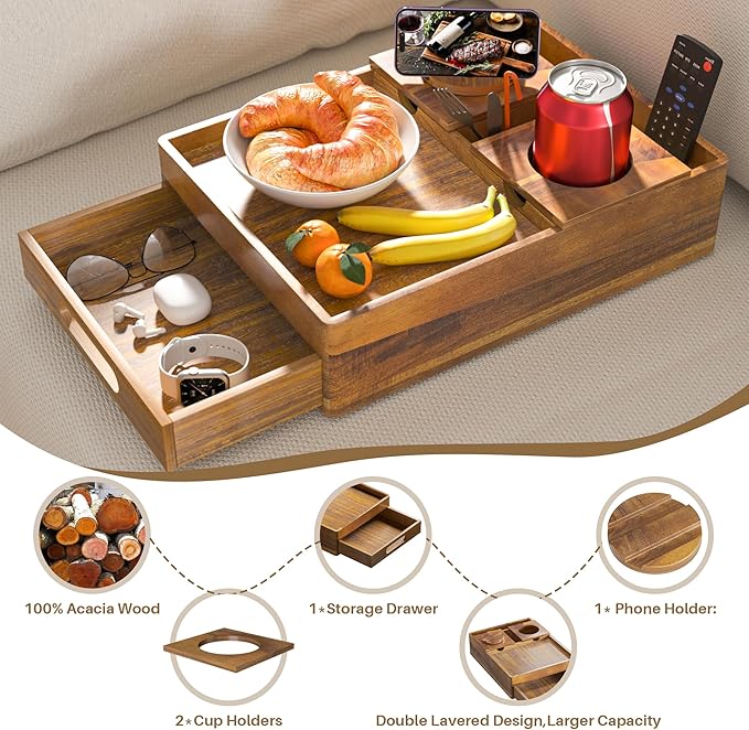Acacia Wood Couch Cup Holder, 7-in-1 Couch Caddy Tray, Sofa Side Table with Push-Pull Drawer to Organize and Store Small Objects, 360°Swivel Phone Holder, for Drinks, Cups, Snacks, Remote