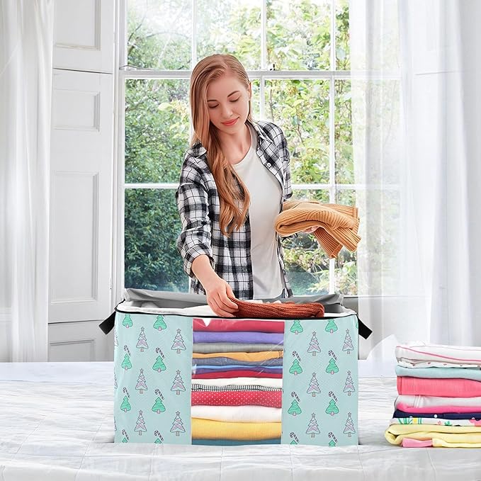 Burbuja Christmas Tree Clothes Storage Bag with Lids and Handle, 2 Pack Foldable Blanket Storage Container with Sturdy Zipper & Clear Window for Bedroom Closet, 60L