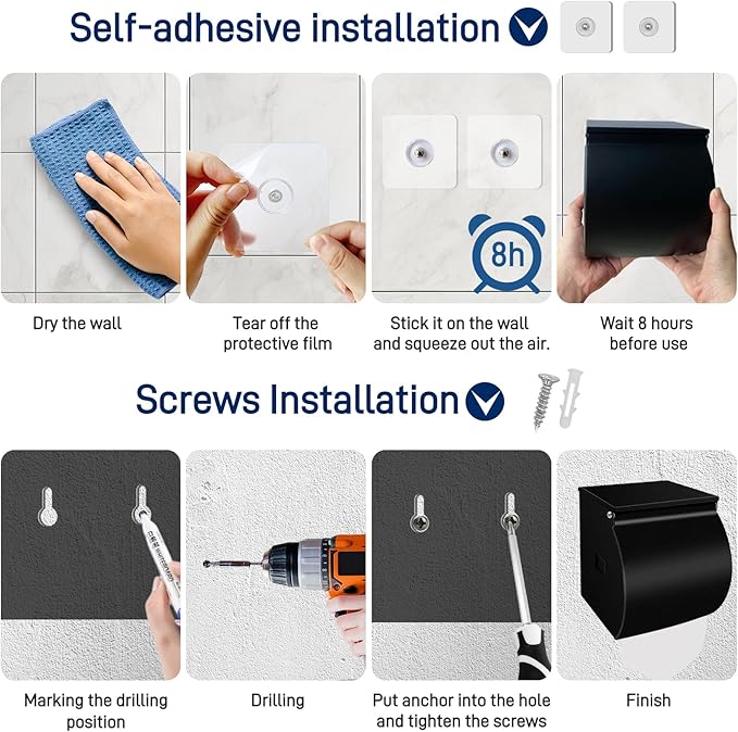 Toilet Paper Holder Wall Mount, Self Adhesive Toilet Paper Holder with Shelf, Waterproof Stainless Steel Bathroom Toilet Tissue Roll Holder Cat Dog Proof, Black