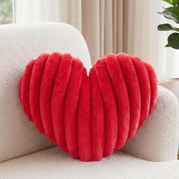 16 Inch Red Heart Pillow Cute Decorative Throw Pillows, Heart Shaped Soft Fluffy Faux Fur Pillows Cushions for Couch Chair Bed Bedroom Room Home Decor Aesthetic (1, Red, Medium-16 x13)