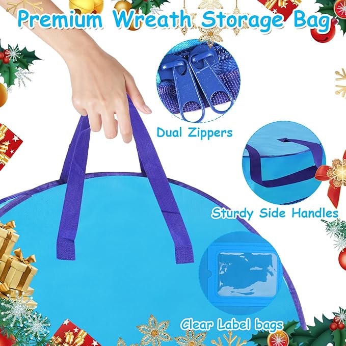 YAYODS 4 Pack Wreath Storage Container 24 Inch Christmas Wreath Storage Bag, 420D Oxford Wreath Holder with Zipper and Handles for Xmas Holiday, Decorations (Blue)