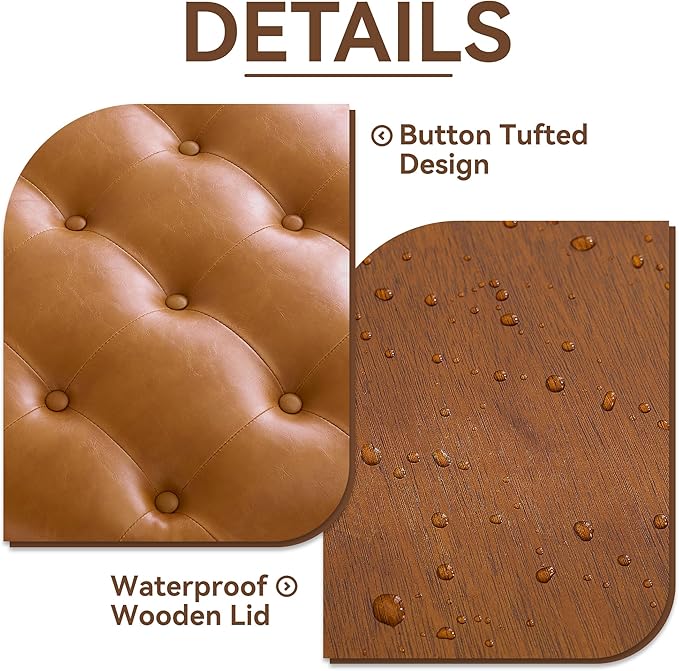 WUTUTUEE 24Inch Round Storage Ottoman with Tray, Modern Tufted Leather Circle Coffee Table with Storage, Upholstered Ottoman with Removable Top for Living Room, Bedroom, Leather Brown