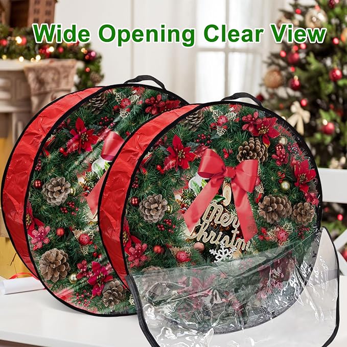 4 Pack 30x8Inch Christmas Wreath Storage Container, Large Clear Holiday Garland Storage Bags with Handle (Red)