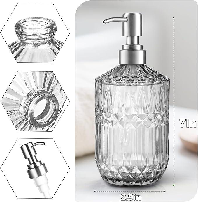 Kaishun 13 Oz Refillable Soap Dispenser, Glass Soap Dispenser for Dispense Hand Soap, Dish Soap, Lotion 2pack (Clear)