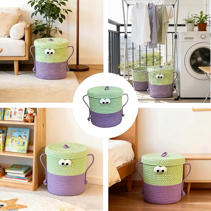 Cotton Rope Storage Basket with Lid & Handles, Cute Monster Decor Basket for Nursery, Toys, Diapers, Baby Shower & Easter Gift, 9.8" x 9.8" (Green & Purple)
