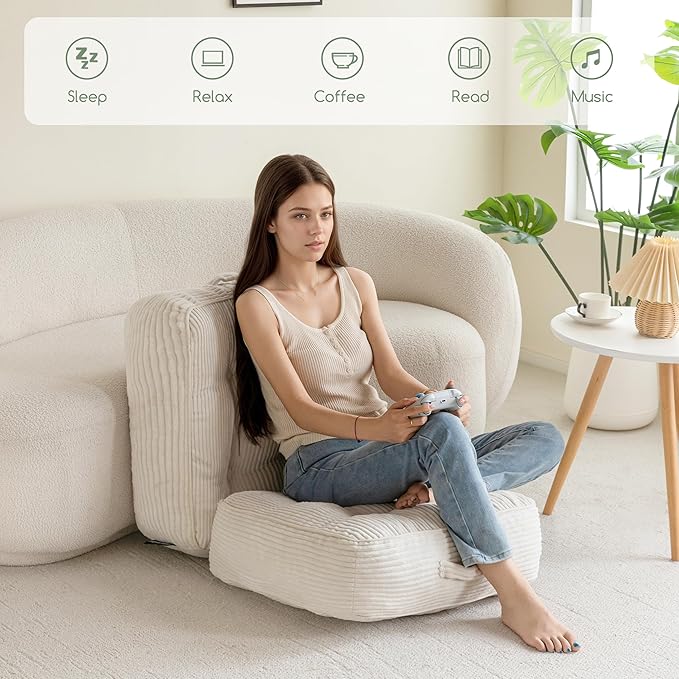 HIGOGOGO 8" Extra Thick Floor Pillow Cushion for Adults, Meditation Cushion Pillow, Large Square Floor Sitting, Tufted Corduroy Cover, for Tatami Living Room or Yoga, 22x22 Inch, Beige