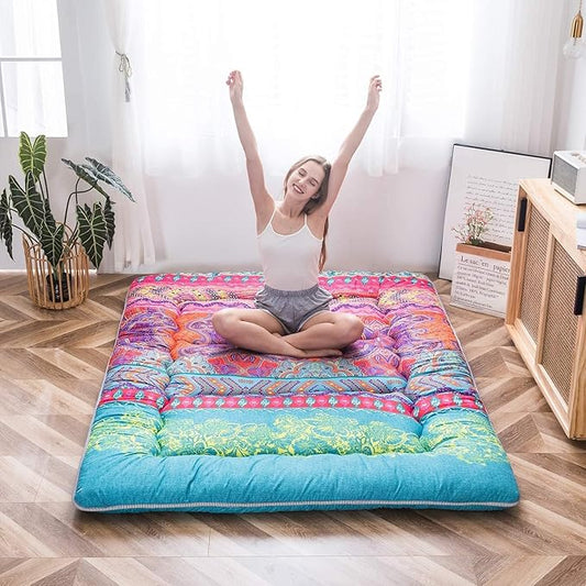 MAXYOYO Bohemian Futon Floor Mattress Boho Floral Style Japanese Tatami Mat Foldable Mattress Portable Camping Sleeping Pad Lounger Couch, Queen