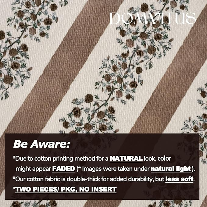 DOMVITUS Floral Throw Pillow Covers 24x24 Inch Set of 2, Block Print Decorative Pillow Covers Vintage Striped Neutral Farmhouse Boho Home Decor for Couch Sofa Bed Living Room, Brown