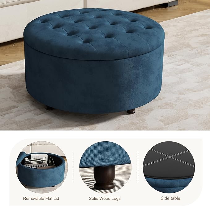 30 Inch Round Storage Ottoman,Modern Blue Tufted Ottomans,Circular Coffee Table with Removable Top,Upholstered Large Ottoman with Storage Footrest Stool for Bedroom Living Room (Blue)