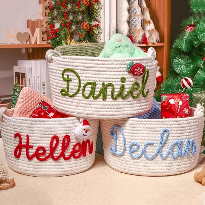 Personalized Christmas Cotton Rope Basket - Custom Holiday Gift Basket with Name - Festive Storage Organizer for Holiday Decor & Seasonal Gifts (STYLE-A)