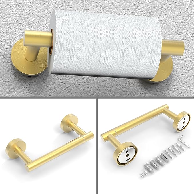 RARXTR Gold Toilet Paper Holder & Towel Ring SUS304 Stainless Steel 2pc Bathroom Hardware Set with Double Post Pivoting Toilet Paper Roll Holder Wall Mount & Bathroom Towel Holder Set