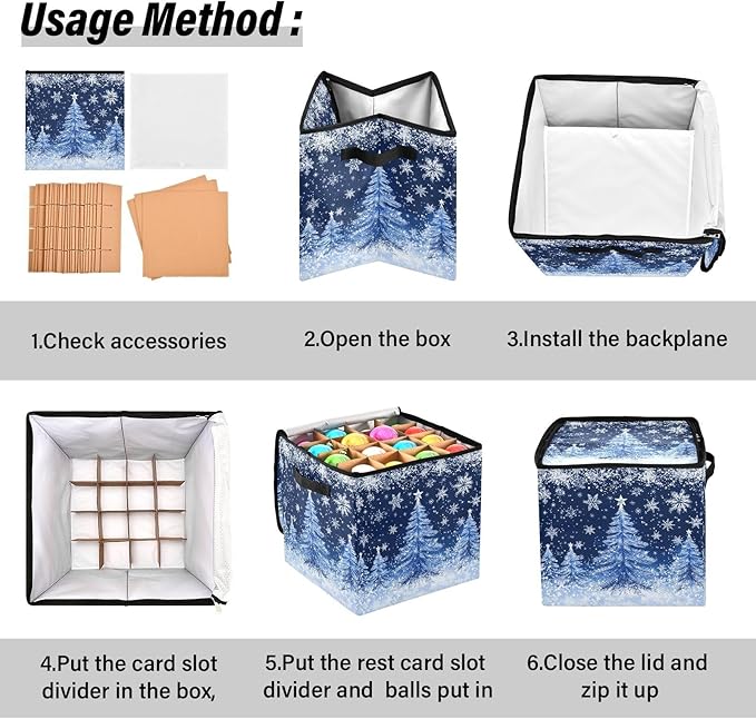 White Blue Snowflake Christmas Ornament Storage Basket Box Xmas Tree Winter Holiday Storage Container Cube with Adjustable Dividers for 64 Holiday Ornaments or Decorations Keeps Clean and Dry