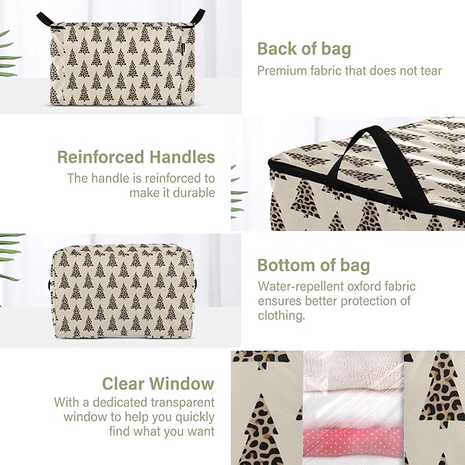 Burbuja Christmas Tree Leopard Clothes Storage Bag with Lids and Handle, 2 Pack Foldable Blanket Storage Container with Sturdy Zipper & Clear Window for Bedroom Closet, 60L